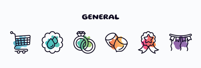 general outline icons set. thin line icons such as shopping trolley, save water badge, interlocking rings, nuts, winning, party decoration icon collection. can be used web and mobile.