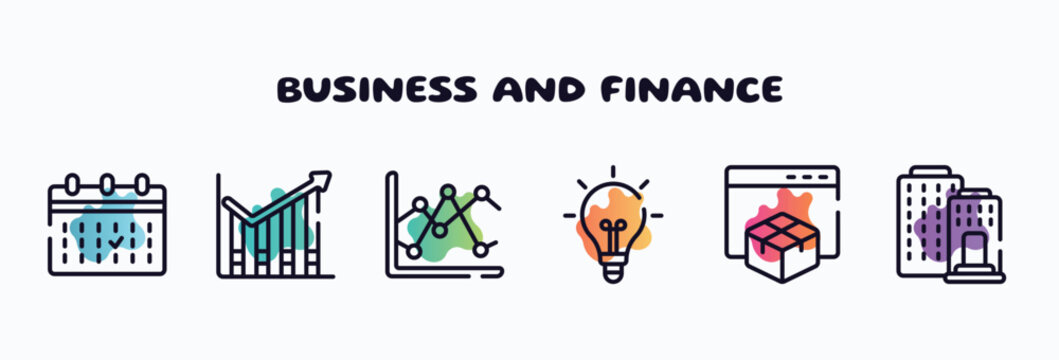 business and finance outline icons set. thin line icons such as calendar event, profit chart, two, lightbulb black tool shape, web package, federal bank icon collection. can be used web and mobile.