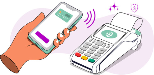 Making payment at store for point of sale ( POS ) concept vector illustration using NFC technology with smart phone banking app. can use for, landing page, template, ui, web, mobile app, poster