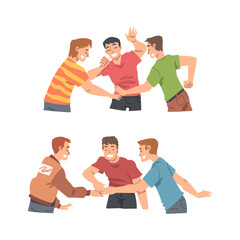 Male friends holding hands together demonstrating union, teamwork, partnership, agreement cartoon vector illustration