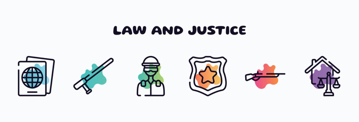 Fototapeta premium law and justice outline icons set. thin line icons such as immigration, baton, , police badge, shotgun, real estate law icon collection. can be used web and mobile.