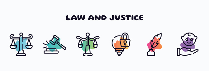 law and justice outline icons set. thin line icons such as adminstrative law, case closed, justice scale, intellectual property, feather pen, child custody icon collection. can be used web and