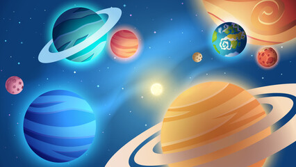 Vector illustration of Solar System. Sun, Mercury, Venus, Earth, Mars, Jupiter, Saturn, Uranus, Neptune.