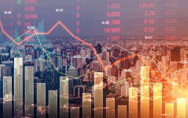 The digital indicators and declining graphs of a stock market crash overlap the backdrop of a...