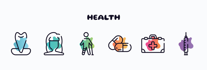 health outline icons set. thin line icons such as canine, woman dark long hair shape, injured leg of man, large pill, medicine kit with first aid, medical syringe icon collection. can be used web