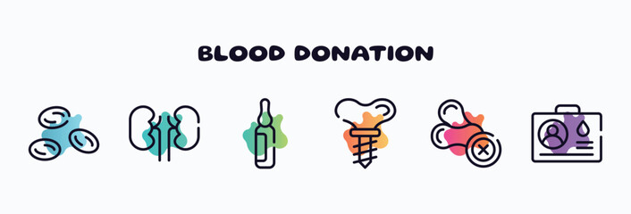 blood donation outline icons set. thin line icons such as blood cells, kidney, ampoule, dental implant, allergenic, blood donor card icon collection. can be used web and mobile.