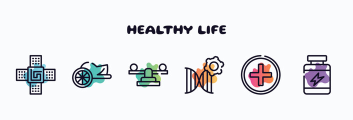 healthy life outline icons set. thin line icons such as naensor, chariot, balancer, biotechnology, hospital, protein supplement icon collection. can be used web and mobile.