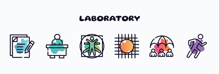 laboratory outline icons set. thin line icons such as as, librarian, vitruvian man, wire gauze, life insurance, physical icon collection. can be used web and mobile.