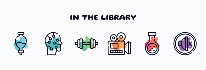 in the library outline icons set. thin line icons such as separating funnel, artificial, dumbell, documentary, chemical reaction, silent icon collection. can be used web and mobile.