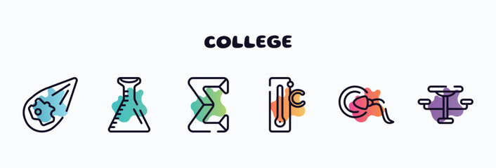 college outline icons set. thin line icons such as meteor, volumetric flask, sigma, celsius, fertilization, outdoor table icon collection. can be used web and mobile.