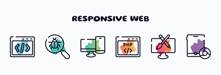 responsive web outline icons set. thin line icons such as css code, bugs search, pc and phone, php code, pencil and brush crossed, tablet and browser icon collection. can be used web mobile.