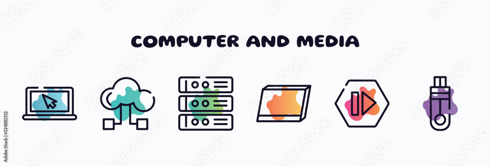 Poster computer and media outline icons set. thin line icons such as screen with cursor arrow, hosting down
