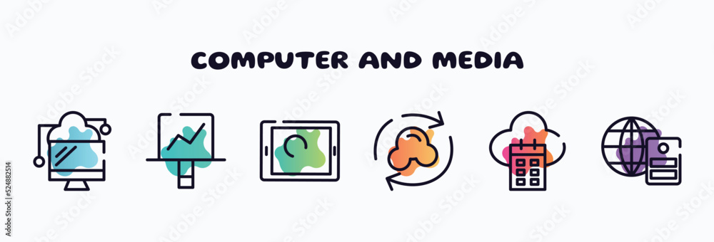 Poster computer and media outline icons set. thin line icons such as data transference by internet, screen 