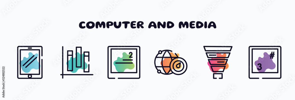 Poster computer and media outline icons set. thin line icons such as touch of screen, chart of columns, key