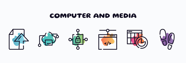 computer and media outline icons set. thin line icons such as ftp upload, cloud computing servers, locked internet security padlock, network administration, spreadsheet chart, footsteps icon
