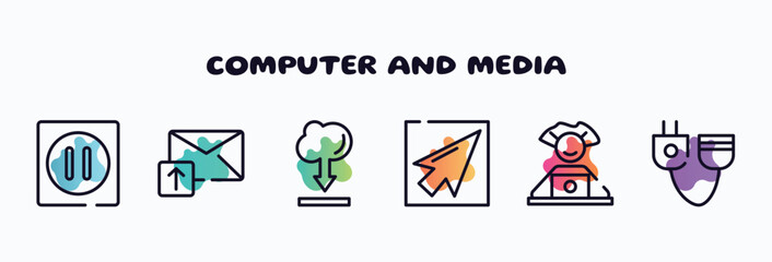 computer and media outline icons set. thin line icons such as pause, email upload, internet cloud download, mouse pointer, computer worker, plug connector icon collection. can be used web and