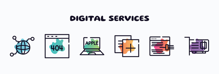 digital services outline icons set. thin line icons such as connected, error 404, laptop computer, duplicate, code injection, network interface card icon collection. can be used web and mobile.