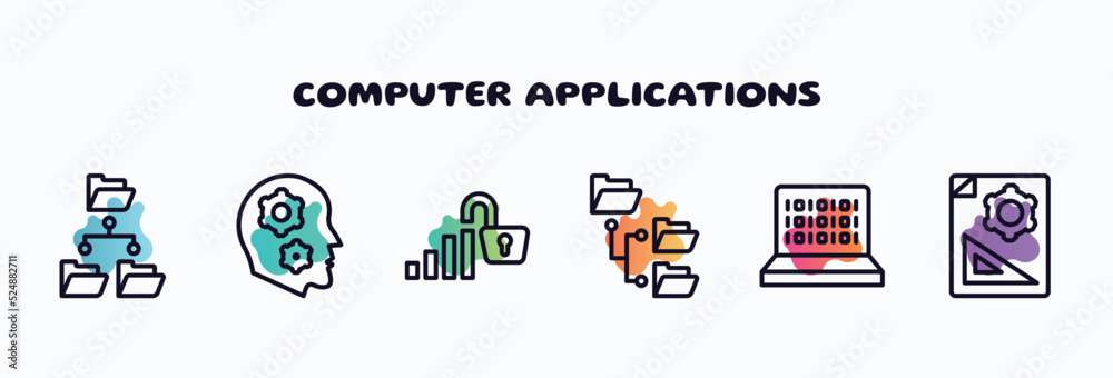 Poster computer applications outline icons set. thin line icons such as file system, thought, open data, di