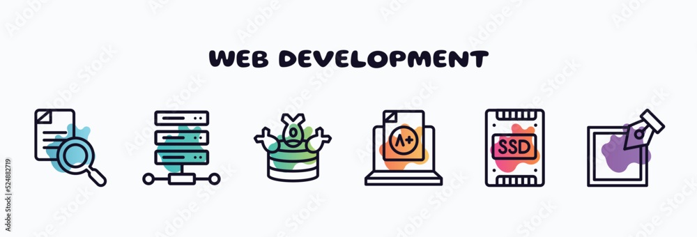 Poster web development outline icons set. thin line icons such as search file, web hosting, ddos, grades, s
