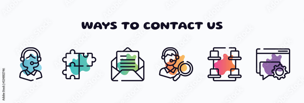 Poster ways to contact us outline icons set. thin line icons such as operator avatar, solving problems, ope
