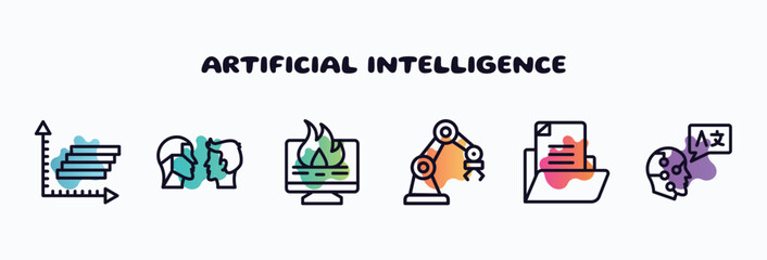 artificial intelligence outline icons set. thin line icons such as frequency graph, turing test, data loss, mechanical arm, document file, translation icon collection. can be used web and mobile.