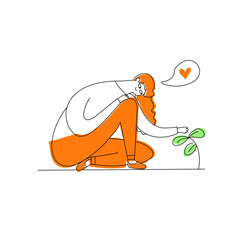 cartoon girl taking care of a plant. gardining her plant