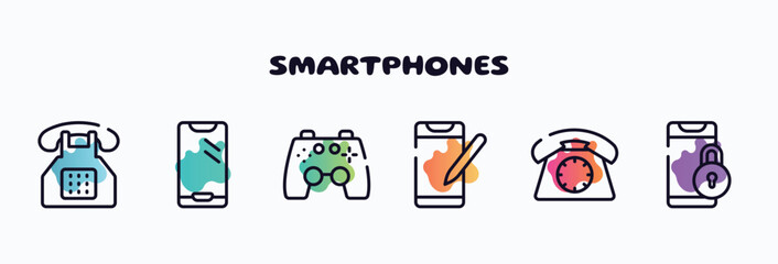 smartphones outline icons set. thin line icons such as push buttons phone, new mobile phone, ps4 gamepad, phone crayon, dial locked icon collection. can be used web and mobile. © VectorStockDesign