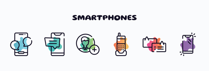 smartphones outline icons set. thin line icons such as phone with message, cellphone ., add contact, phone home, chat bubbles with, phone icon collection. can be used web and mobile.
