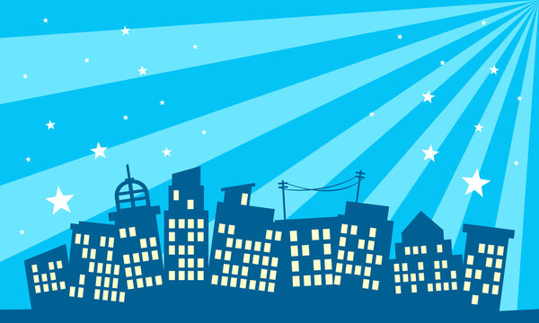 Comic burst blue background with city silhouette