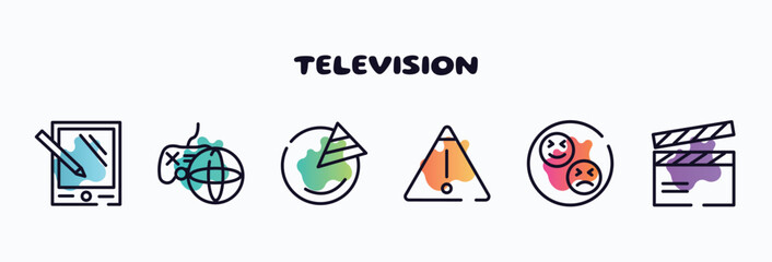 television outline icons set. thin line icons such as pda, on, pie graph, warning, reaction, clapboard icon collection. can be used web and mobile.