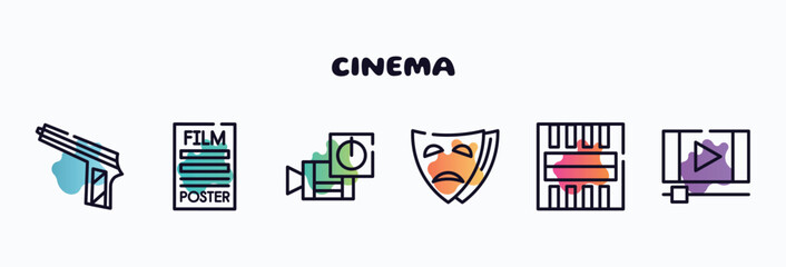 cinema outline icons set. thin line icons such as hitman, film poster, turn on, tragedy, freeze frame, footage icon collection. can be used web and mobile.