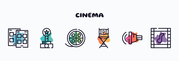 cinema outline icons set. thin line icons such as storyboard, film award, movie reel, film director, ventriloquist, soundtrack icon collection. can be used web and mobile.