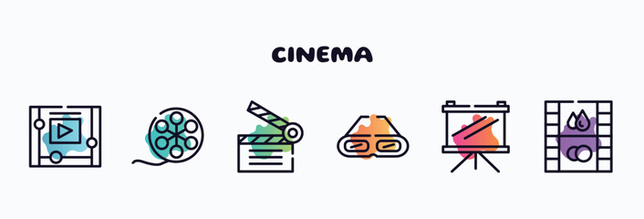 Naklejka premium cinema outline icons set. thin line icons such as watching a video on a tablet, film roll side view, movie clapper, old 3d glasses, fabric for movies, image fotogram icon collection. can be used web