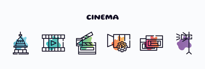 cinema outline icons set. thin line icons such as mole antonelliana in turin, film strip with play triangle, slapstick open, video tings, null, movie light icon collection. can be used web and