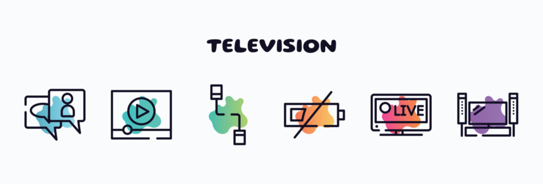 television outline icons set. thin line icons such as anniversary, video stream, communicator, low battery, live sports, home theater icon collection. can be used web and mobile.