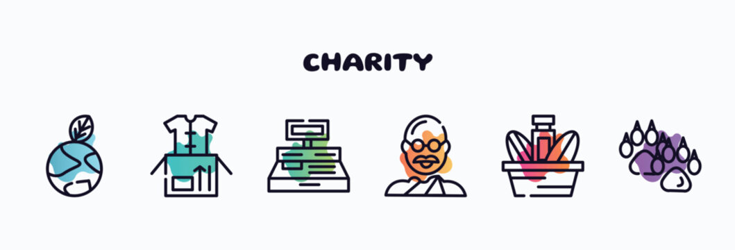 Charity Outline Icons Set. Thin Line Icons Such As Enviromental Protection, Clothes Donation, Cash Box, , Charity Food, Dog Pawprint Icon Collection. Can Be Used Web And Mobile.