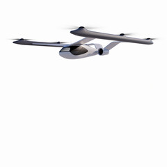 AN ELECTRIC POWERED PASSENGER DRONE ISOLATED ON WHITE PLAIN BACKGROUND WITH SPACE