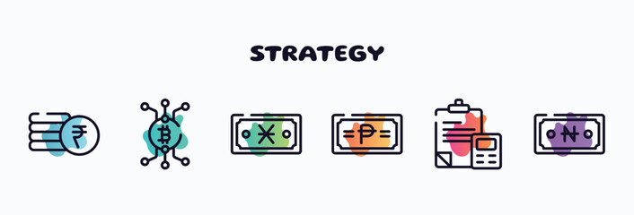 strategy outline icons set. thin line icons such as coupons, node, creative mind, check book, high, confusion icon collection. can be used web and mobile.