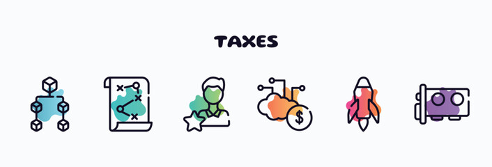 taxes outline icons set. thin line icons such as officer, bank on, cheque, yen, estimate, abacus icon collection. can be used web and mobile.