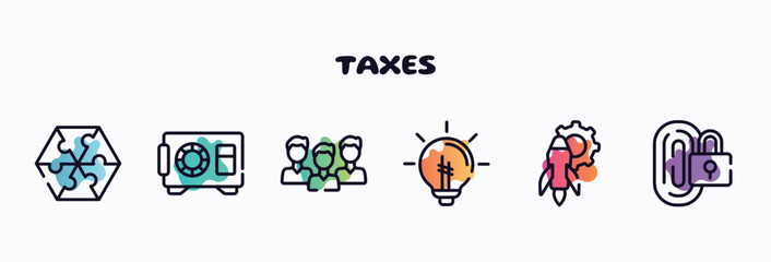 taxes outline icons set. thin line icons such as confirmation, cryptographic, time management, intranet, contact list, convert icon collection. can be used web and mobile.