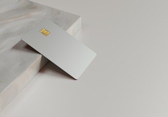 Stylish mock-up of a bank card with a chip on a marble slab. 3d rendering. - obrazy, fototapety, plakaty