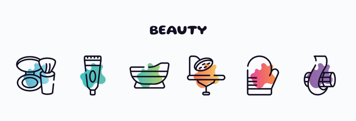 beauty outline icons set. thin line icons such as blush, tooth paste, bathtube, operating table, oven mitt, curl icon collection. can be used web and mobile.