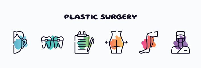 plastic surgery outline icons set. thin line icons such as otoplasty, braces, medical report, gluteus, calf, surgeon icon collection. can be used web and mobile.