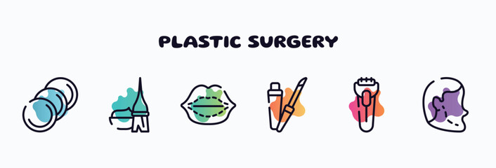 plastic surgery outline icons set. thin line icons such as cotton discs, dye, lip augmentation, lip gloss, shaver, implant icon collection. can be used web and mobile.