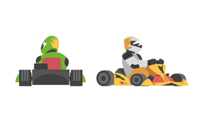 Fototapeta premium Professional racer in uniform sitting in race car set cartoon vector illustration