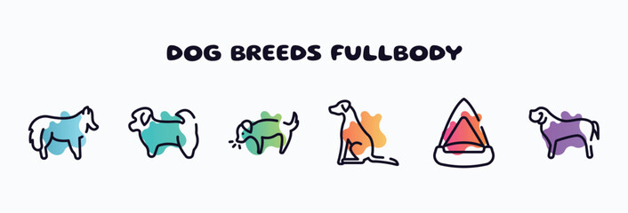 dog breeds fullbody outline icons set. thin line icons such as shetland sheepdog, shih tzu, dog smelling dog, pointer cat playhouse, english mastiff icon collection. can be used web and mobile.