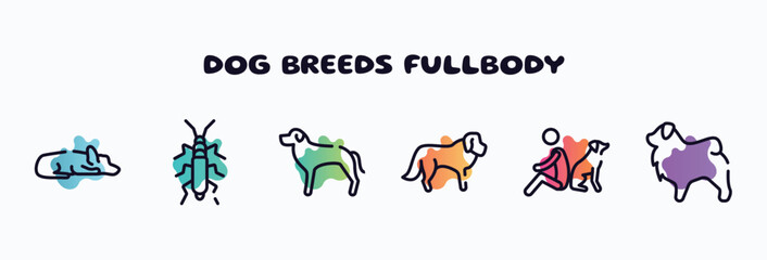 dog breeds fullbody outline icons set. thin line icons such as sad dog, null, rottweiler, st bernard, dog and man seating, tibetan mastiff icon collection. can be used web and mobile.