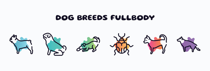 Obraz premium dog breeds fullbody outline icons set. thin line icons such as french bulldog, pug, dogs playing, null, chihuahua, german sheperd icon collection. can be used web and mobile.