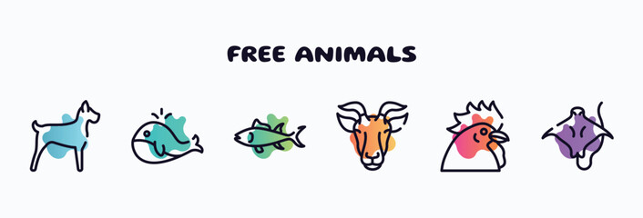 free animals outline icons set. thin line icons such as big dog, big whale, big tuna, goat head, chiken head, stingray with long tail icon collection. can be used web and mobile.
