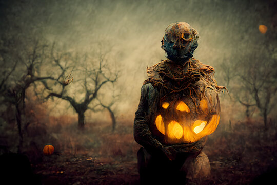 pumpkinhead man on halloween overcast misty day, neural network generated art. Digitally generated image. Not based on any actual scene or pattern.